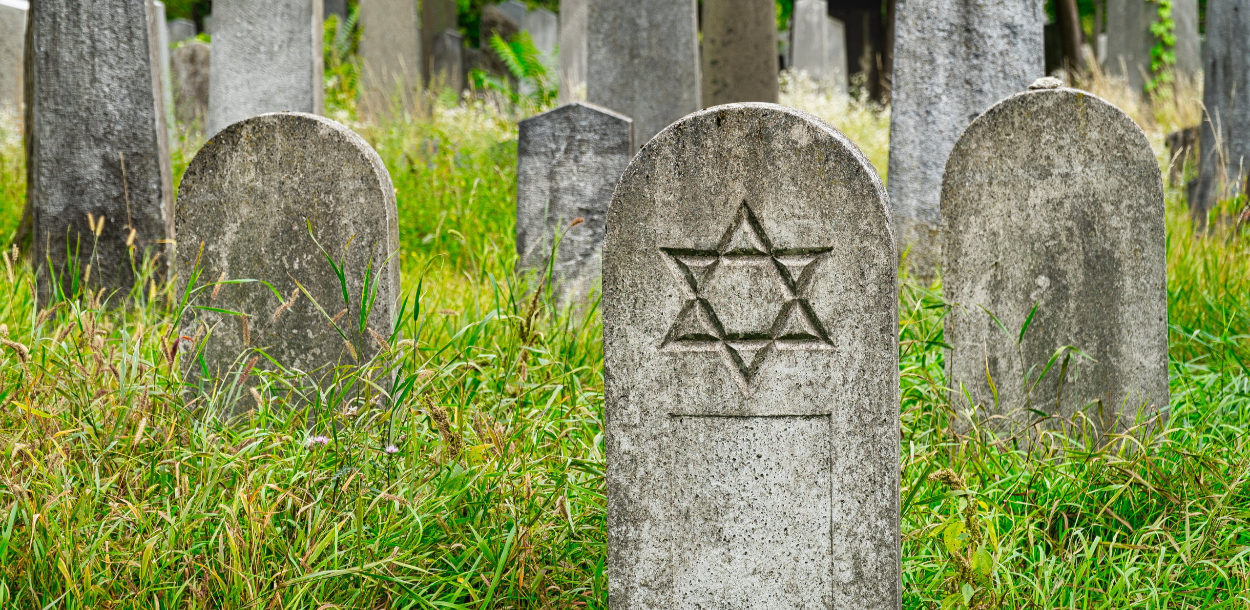 Cemetery with headstones with a Jewish symbol
